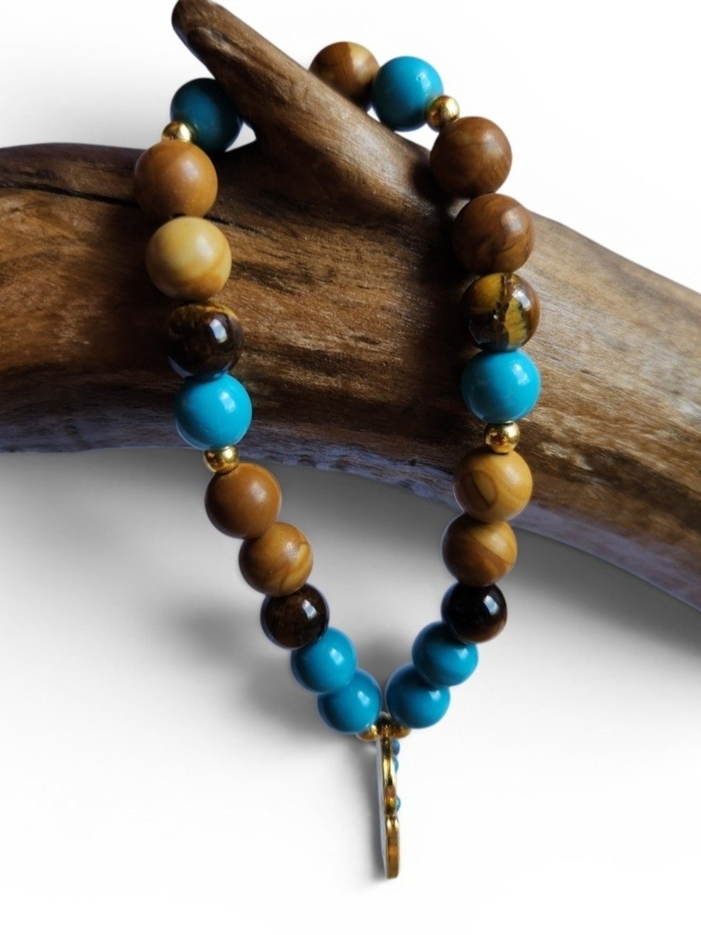 Turquoise & Brown Stone Beaded Stretch Bracelet With Gold Toned Elephant Charm